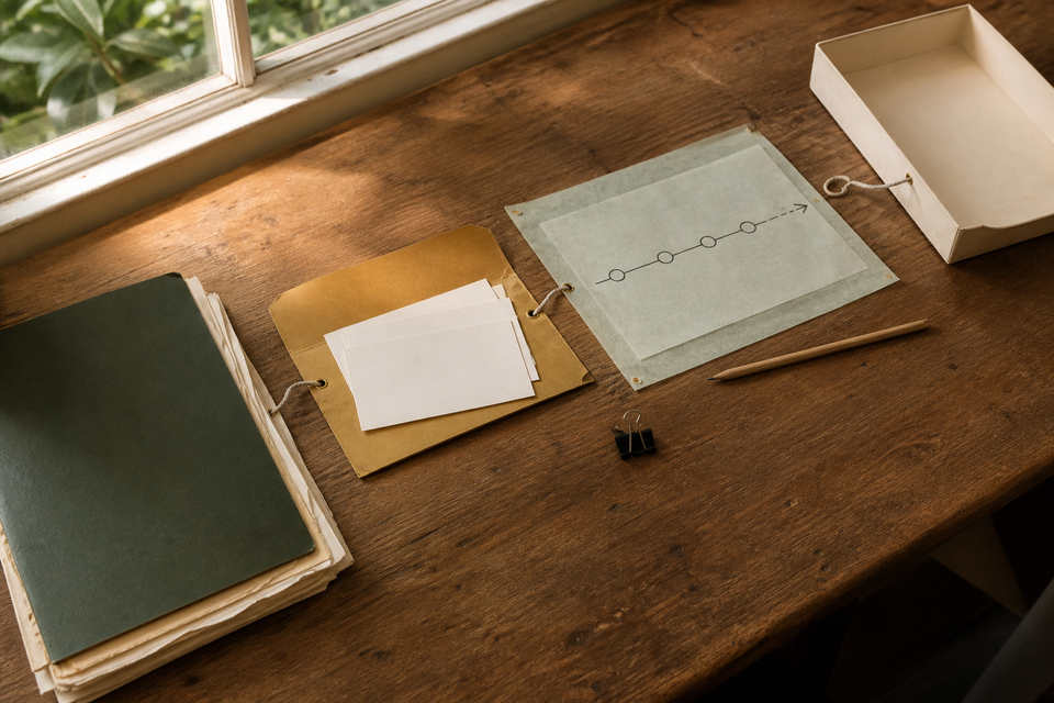 Green source papers, an ochre folder, a sage tracing sheet and an empty cream tray form a connected evidence path across a worn timber desk.