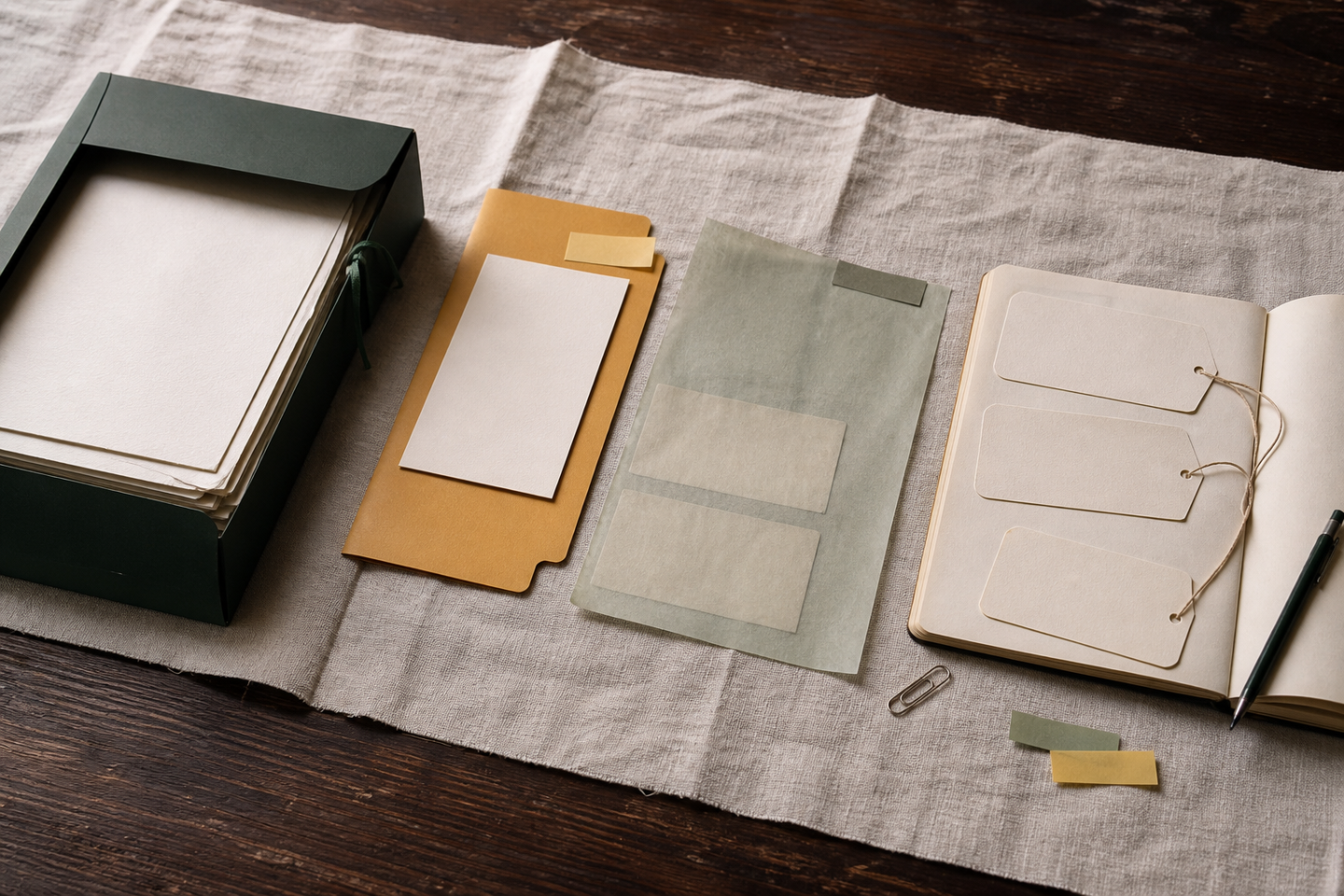 On dark timber beside rumpled cream linen, a green archive box and source papers, an ochre divider, a translucent sage sheet with unresolved slips and an open notebook with blank journey tags form separate evidence layers.