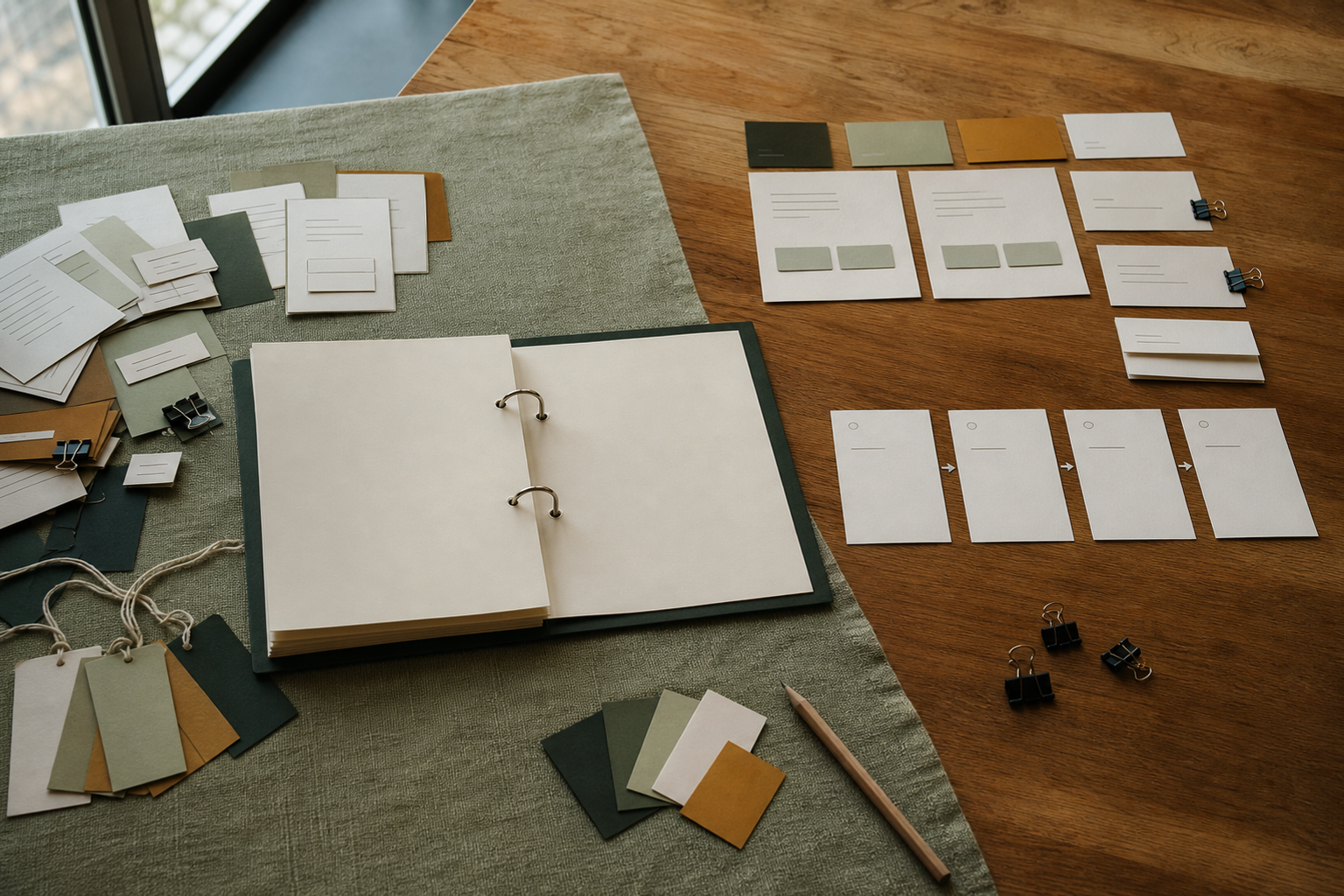 On a sage-clothed timber workshop table, an open ring binder sits between crowded paper specimens on the left and clearly spaced choice cards with a four-step sequence on the right, alongside clips, swatches and a pencil.